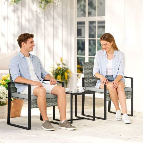 Salon de Jardin 2 pièces effet rotin 2 chaises et table basse coussins amovibles gris clair (1/5)