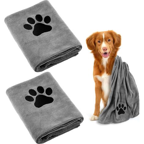 Serviette chien x2, microfibre absorbante et séchage rapide pour chats et chiens, grise 100x50 cm, lot de 2 lingettes pour animaux, idéale pour tous les petits compagnons (1/5)