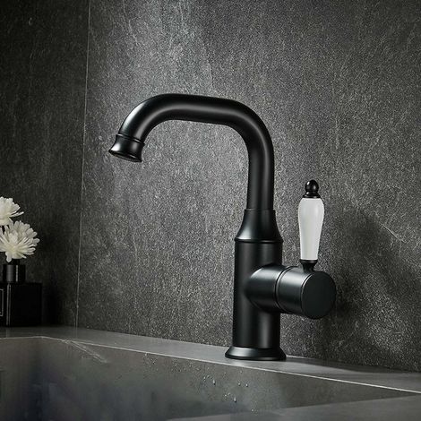 Robinet de lavabo pivotant : Corps en laiton, poignée en céramique, bec pivotant à 360°, finition noire mate