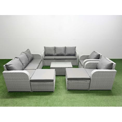 Fimous PE Rattan High Back Lounge Sofa Set Patio Coffee Table & Chairs Set with 3 Seater Sofa Reclining Chair 2 Big Footstool Light Grey (1/4)