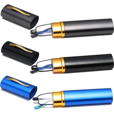 Occhiali da lettura in metallo ultrasottili a 3 pezzi, adatti sia per uomo che per donna, con custodia portatile - 3,0 diottrie (nero + grigio + blu) (1/5)