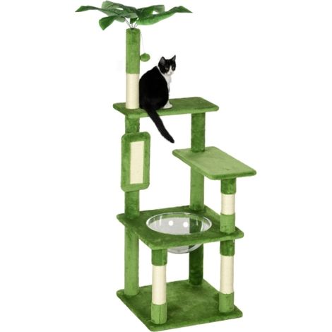 142cm Cat Tree Tower with Scratching Post, Hammock, Toy Ball and Platforms in Green for Active Cats and Kittens (1/5)