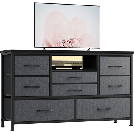 Meuble TV bas gris foncé imitation chêne‑saule 120 cm, 8 tiroirs tissu LED prise USB cadre métal plateau bois salon chambre (1/5)