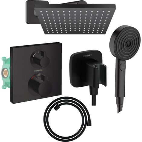 Hansgrohe – Colonne de douche encastrée thermostatique – Douche de tête 230mm noir mat – Douchette Pulsify 3 jets Relaxation – Flexible Designflex 160cm