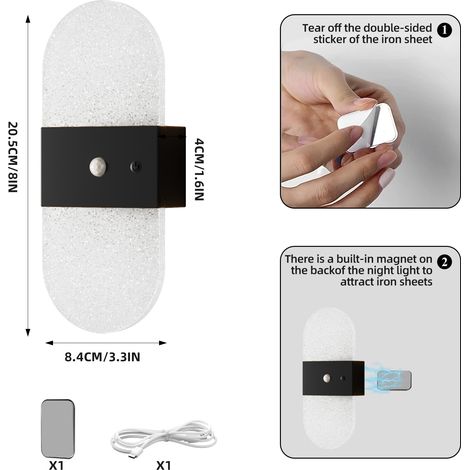 Lumière Murale Ambiance Chambre, Capteur Mouvement Rechargeable Sans Fil, Design Ovale Noir