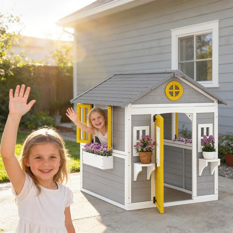 Casita Infantil Exterior e Interior de Madera con Puerta Ventanas Jardineras y Soportes de Flores Gris (1/5)