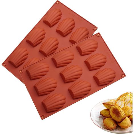 Moule à madeleines à 9 cavités, 2 moules à madeleines antiadhésifs en silicone, moule à gâteau en forme de coquillage (rouge brique)