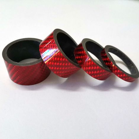 A set of carbon fiber fork spacers, handlebar stem spacers and wrist strap spacers, and micro-adjustment shims (5/10/15/20 mm) for bicycles.