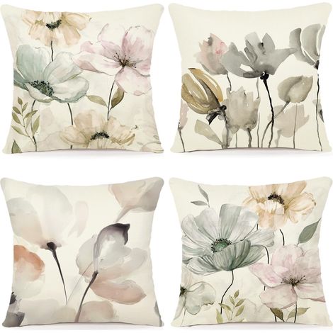 Lot de 4 Housse Coussin 60x60 Florale Peinture à l'aquarelle Housses de Coussin Décoratives en Coton Lin Taie Oreiller de Canapé Housse De Coussin carré pour Lit Voiture De La Maison Canapé (1/5)