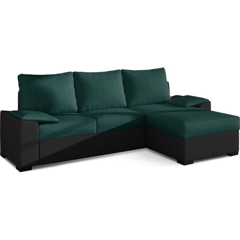 Canapé angle convertible et réversible simili noir et tissu vert foncé Luzo 245cm (1/5)