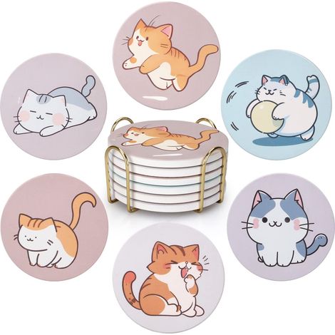 Lot de 6 Dessous de Verre Mignons pour Les Amoureux des Chats avec Support, Dessous de Verre en céramique pour Table, Boissons, thème Chat, Cadeaux, décoration animée, Bureau (1/5)