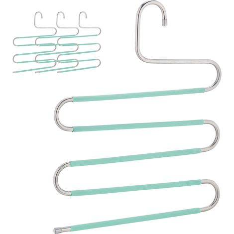 Relaxdays, Set of 4 Multi Trouser Hangers, S-Shaped, 5 Rails, Non-Slip, Space-Saving Pants Holder, Metal, Silver/Mint