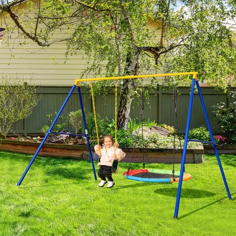 2-piece swing set with adjustable ropes + swing frame with A-frame, blue + yellow (1/5)