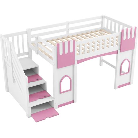 CAIziLit mezzanine 90 x 200 cm avec escalier de rangement et fenêtre,blanc+rose (1/5)