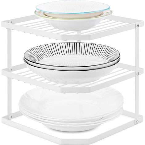 Étagère à plats pour placard, Étagère de cuisine à 3 niveaux, Étagère d'angle de cuisine, Organisateur et rangement pour placard de cuisine, Blanc (1/5)