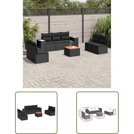 The Living Store Salon de jardin 8 pcs avec coussins noir résine tressée - Salon De Jardin - Meuble Extérieur - Set Salon - Résine Tressée - Rotin Synthétique (1/3)