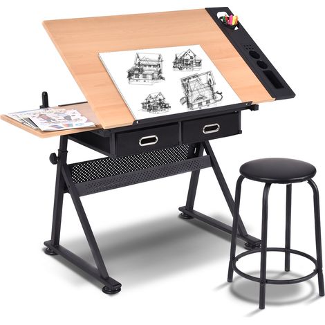Scrivania inclinabile e impermeabile con cassetti in MDF sgabello, Tavolo da disegno 119x60x73,5-98cm Nero (1/5)
