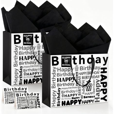 2 Pièces Pochettes Cadeaux avec Anse, 33 x 26 x 12 cm Grand Sac Cadeau, Grand Sac Cadeau Élégant Noir et Blanc, Avec Papier de Soie (1/5)