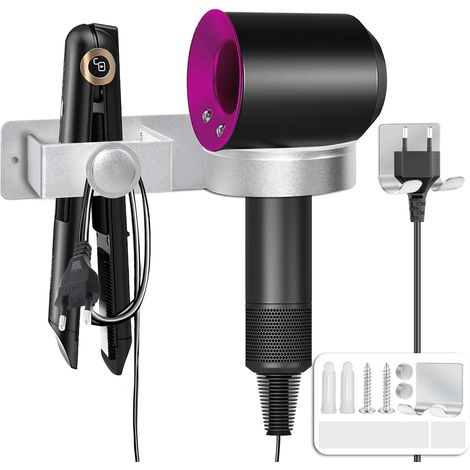Soporte para secador de pelo con almacenamiento de cable, no requiere perforación, soporte de aluminio para secador y plancha de pelo para baño, hotel, dormitorio, color plata. (1/5)