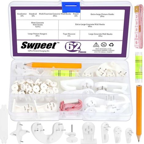 Kit de crochets muraux en béton, crochets de suspension pour cadre photo, crochets de suspension invisibles, crochets muraux sans dommages pour cloison sèche, stuc, béton, murs durs pour (1/3)