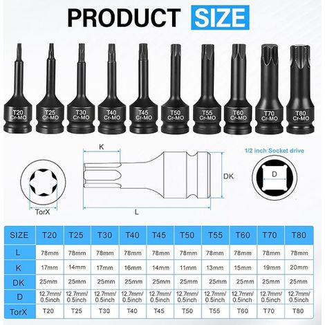 Torx Sockets 1/2 Inch T20 T25 T30 T40 T45 T50 T55 T60 T70 T80 Socket 1/2 Torx Socket Set Box Car Engine Repair Box (1/4)