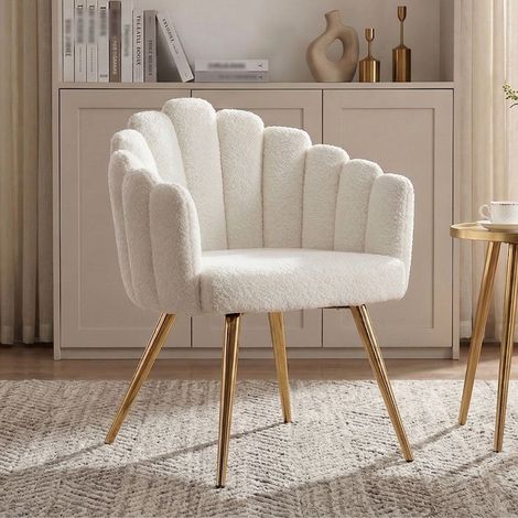 Wahson Fauteuil salon moderne en fausse fourrure blanche – Pieds en métal doré – Coussins épais en éponge haute densité – Confort optimal, Blanc
