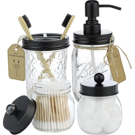 Ensemble d'accessoires de salle de bain Mason Jar 4 pièces - Distributeur de savon Mason Jar et 2 pots d'apothicaire et porte-brosse à dents - Décor de ferme rustique, Liquidation de décoration de sal (1/5)