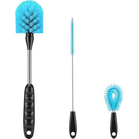 BleuEnsemble de brosses pour bouteilles d'eau, brosse de nettoyage 3 en 1 à long manche en acier inoxydable pour bouteilles d'eau à col étroit, bouteilles de sport et biberons (1/5)