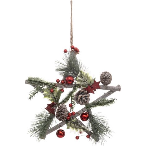 Suspension de Noël - Etoile en bois avec branchage et décoration H 30 cm - Feeric Christmas