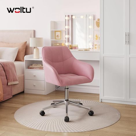 WOLTU Home Office Chair, Desk Chair, Swivel Chair, Makeup Chair, Height Adjustable, up to 150 kg, with Armrests, Velvet Seat, for Bedroom, Office, Living Room, Pink + Silver (1/5)