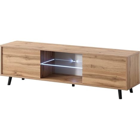 Mobile TV Con 2 Ante Battenti Vano Centrale Con Ripiano In Vetro E LED Porta Televisore In Melaminico Con Piedini In Metallo Per Soggiorno Salotto Zona Living 140 X 31.5 X 40 Cm Rovere (1/5)