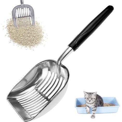 Große Katzenstreuschaufel – 34 x 13 cm – Katzenstreuschaufel mit langem Griff – Katzenstreuschaufel aus Aluminiumlegierung – Breite Schaufelfläche – Reinigt Katzenstreu schnell und gründlich – Silber (1/5)
