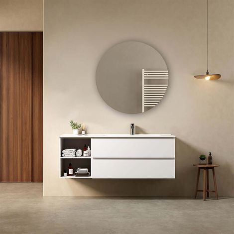 Mobile bagno sospeso 140 cm Bianco Lavabo a Destra in Resina Specchio Tondo - Fiji Paint Plus (1/4)
