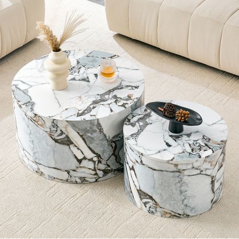 2 tables basses rondes 62,8x35 cm en MDF blanc avec rangement, pour petit salon – MEUBLIV (1/5)