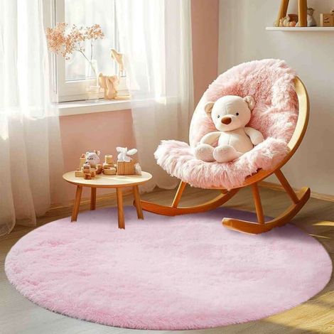 Tappeto rotondo rosa da 90 cm, morbido e soffice, ideale per la camera dei bambini, il soggiorno, la sala giochi, l'arredamento di casa, con motivo a castello da principessa. (1/4)