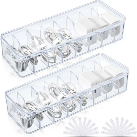 Boîte de rangement de câbles avec 10 attaches de câble, boîte de rangement de câbles en plastique transparent avec couvercle, boîte de rangement de chargeur électronique pour boîte de rangement de tél (1/5)