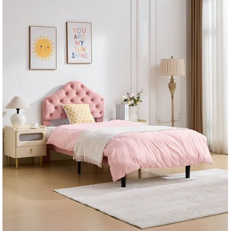 Letto singolo imbottito moderno in velluto rosa 90x200 cm con testiera regolabile e rete a doghe in legno