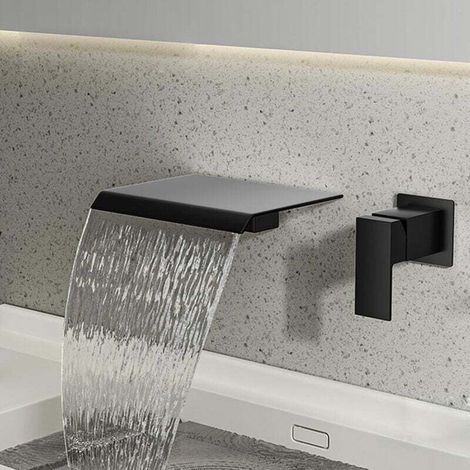 Robinet de salle de bain cascade mural, mitigeur monocommande cascade, robinet de lavabo à poser, eau chaude et froide, ultra-mince, cuivre massif, noir