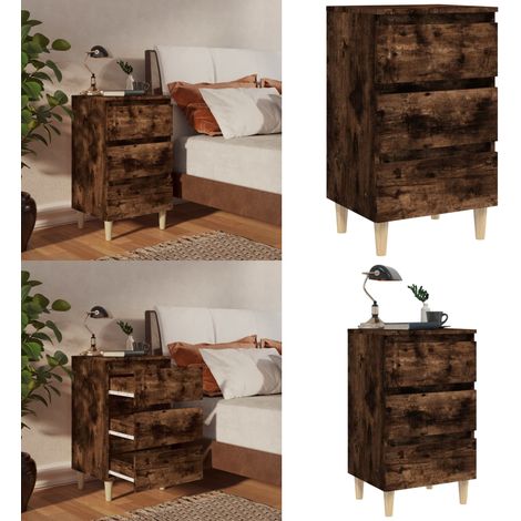 Mesita de noche patas madera maciza roble ahumado 40x35x69 cm - Mesita de noche con cajones - Mesita de noche de madera