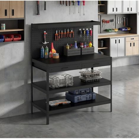 Banco da lavoro 122x61x156 cm, con pannello forato, 2 cassetti, ripiani regolabili, struttura in acciaio, nero (1/5)