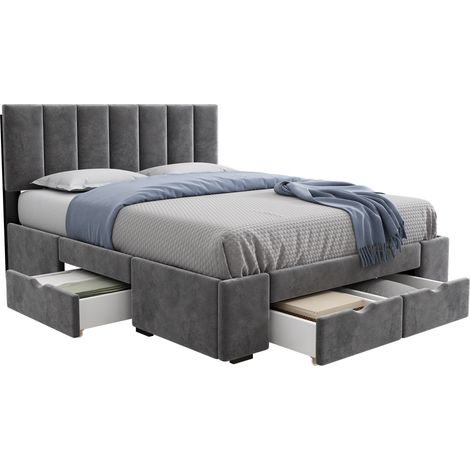 Lit coffre 140x200 cm Lit double avec 4 tiroirs de rangement et tête de lit incluse - Pour adulte et adolescent -velours - gris (1/5)