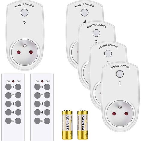 Set of 5 Smart Remote-Control Sockets with 2 Remote Controls, Plug and Play, Wireless European Plug, Battery Not Included, White (1/5)