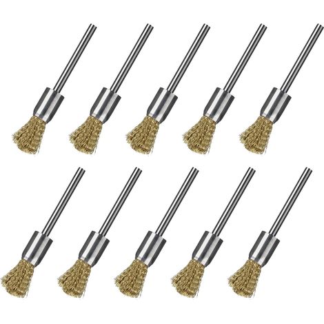 Metal Drill Brush, Set of 10 Brass Drill Brushes, 3 mm, Steel Wire Wheel Brush for Grinding, Cleaning, Descaling and Deburring (1/5)