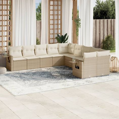 Ensemble Salon Jardin 10 Places Résine Tressée Beige avec Coussins Crème Modulaire (1/4)
