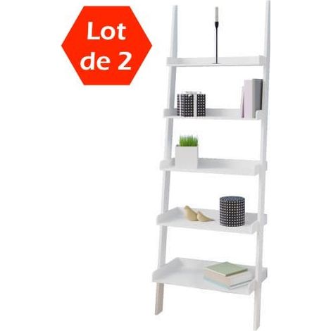 Lot de 2 Étagères murales Genre échelle - 5 tablettes - 180 cm Blanche (1/5)