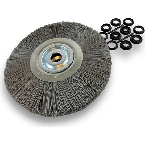 Brosse circulaire NYLON Abrasif  Ø 300 mm  Epaisseur 2 rangs  Carbure de silicium Grain 120  Alésage 32 mm + réducteur bague 25/22/20/16/12 mm  Touret meuleuse ponceuse  Kibros 231302KR120 (1/5)