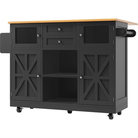Isla de cocina y carrito de comedor negro con encimera plegable de MDF y metal (1/5)