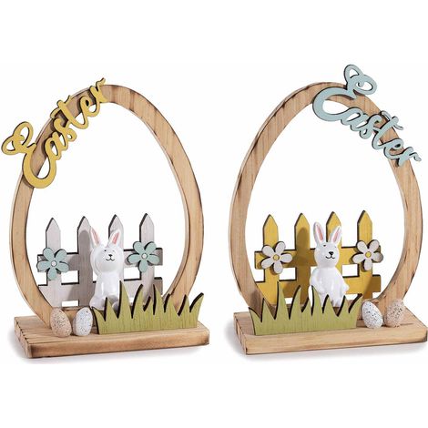 Uovo decorativo di Pasqua in legno con coniglio e scritta Easter da appoggiare, set da 6 pezzi, cm 12 x 6 x 16,5 H