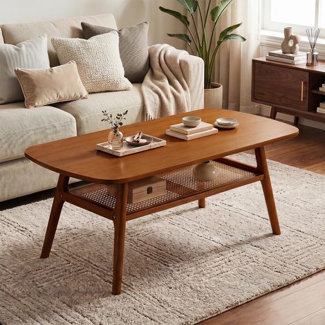 COSTWAY Table Basse Bois avec Étagère en Rotin (Noyer) (1/5)