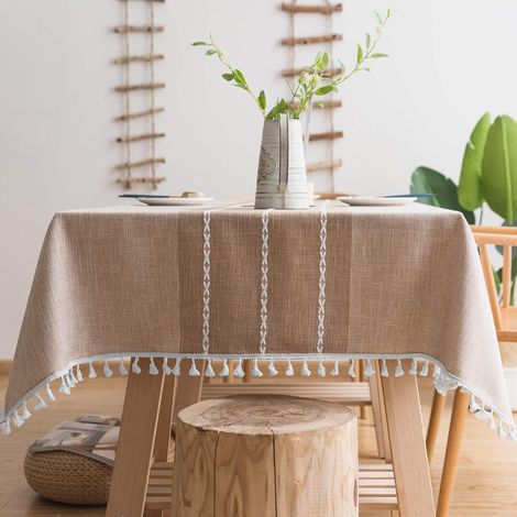 Nappe imperméable en coton et lin marron à pompons et broderie, 140 x 140 cm, kaki (1/5)